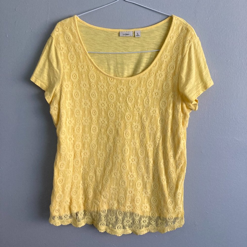LL Bean Women’s yellow floral overlay Shirt Short Sleeve Size XL Cotton Blend